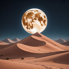 A supermoon illuminates vast desert dunes under a starry night sky