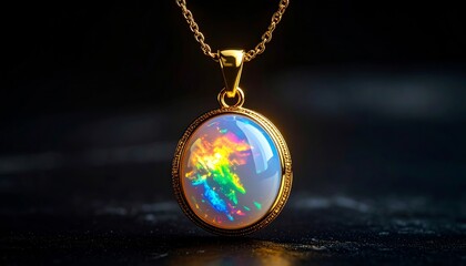 Ultra realistic close-up of golden pendant with opal gemstone, internal light refract