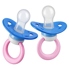 Two baby pacifiers, blue and pink, on dark background