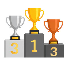 Trophies atop a podium gold, silver, bronze