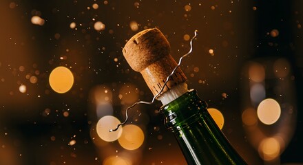 A close up of a champagne bottle with the cork popping and bokeh lights in the background celebration