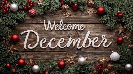 Warmly welcome December with festive holiday cheer, cozy greenery, and sparkling ornaments, setting a joyful winter mood for seasonal celebrations.
