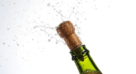 A champagne bottle with a cork popping out and liquid spraying against a white background in a studio shot