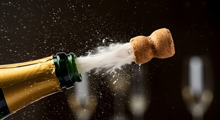 A champagne bottle being opened with the cork flying out and champagne spraying out on a dark background