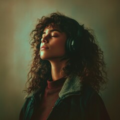 헤드폰을 끼고 음악을 들으며 휴식하는 젊은 여성의 감성적인 초상