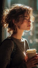 따뜻한 햇살 아래 커피를 들고 사색에 잠긴 젊은 여성의 감성적인 초상