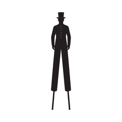 Silhouette of a man on stilts wearing a top hat and suit
