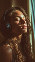 따뜻한 햇살 아래 헤드폰을 끼고 음악을 들으며 휴식하는 젊은 여성의 감성적인 초상