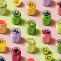 다양한 색상의 신선한 과일 스무디가 유리병에 담긴 컬러풀한 음식 구성