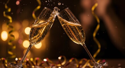 Close up of two champagne flutes toasting with golden liquid and party decorations in the background