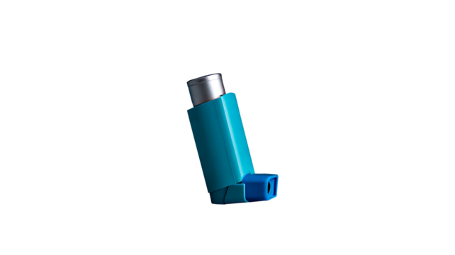Blue asthma inhaler isolated on white background representing medical healthcare and respiratory treatment

