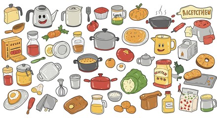 Cartoon-style kitchen tools and food items, arranged in a colorful, cheerful illustration