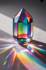 A faceted crystal refracts light into a spectrum of vibrant rainbow colors casting colorful reflections on a gray surface