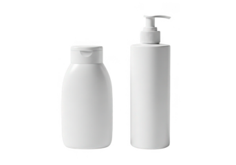 Two white plastic bottles one with a flip top and one with a pump dispenser isolated on transparent background