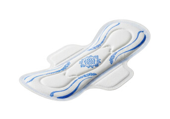 A clean white sanitary pad with blue wave patterns isolated on transparent background