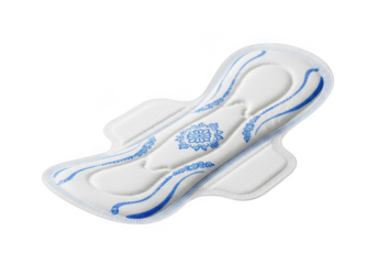 A clean white sanitary pad with blue wave patterns isolated on transparent background