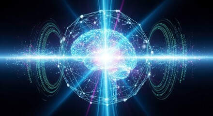 Fototapeta premium Digital Brain: Conceptual representation of the human brain, illuminated by digital elements, representing the fusion of intellect and technology. 