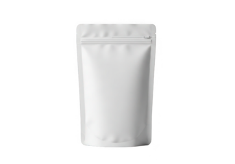 Blank white stand up pouch with zipper closure isolated on transparent background