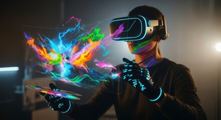 Immersive Virtual Reality Experience: A person wearing a sleek VR headset explores a vibrant, interactive digital environment, their hands gracefully interacting with the virtual world.