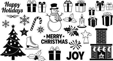 A festive christmas collection of black and white holiday themed clip art illustrations varied shapes