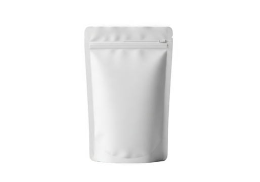 Blank white stand up pouch with zipper closure isolated on transparent background