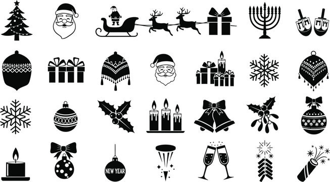 A collection of christmas and new year themed vector icons in black and white silhouette style