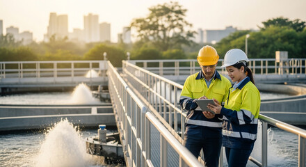 Industrial Engineers Inspecting Water Treatment Plant Outdoor