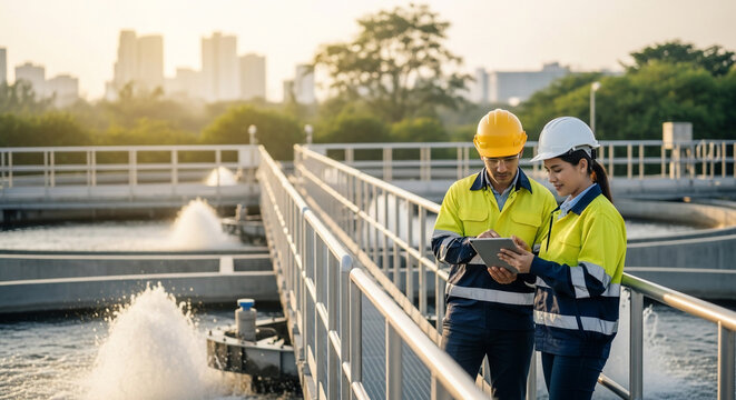 Industrial Engineers Inspecting Water Treatment Plant Outdoor