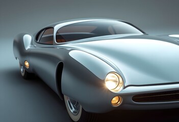 Sleek, silver classic sports car with illuminated headlights, studio shot.