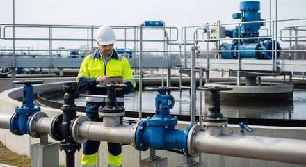 Engineer Monitoring Industrial Water Treatment Plant Pipes Outdoor