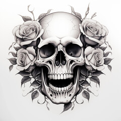 Detailed black and white pencil sketch of a human skull with cracked bone texture, framed by dark, beautifully blooming roses and foliage.