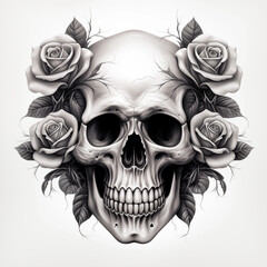 Detailed black and white pencil sketch of a human skull with cracked bone texture, framed by dark, beautifully blooming roses and foliage.