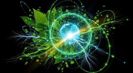 Naklejka premium Energy and Earth: A dazzling visual symphony where nature intertwines with energy, symbolized by a bright globe surrounded by radiant lines and vibrant leaves.