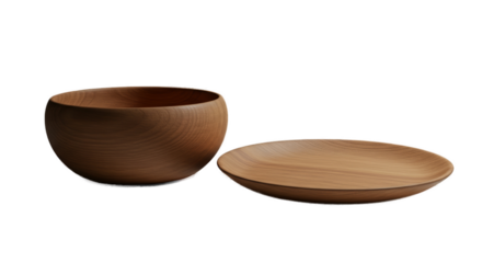 Wooden Bowl and Plate Isolated on Brown Background Realistic 3D Render