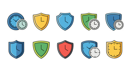 Collection of colorful shield icons with clocks, symbolizing security, protection, and time management, ideal for graphic design, web development, app interfaces, and advertising campaigns, presented