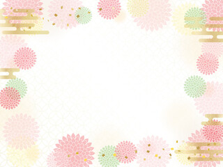 ピンクの菊の花の背景、和柄のフレーム
