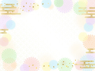 カラフルな菊の花の背景、和柄のフレーム
