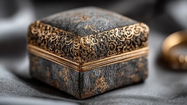 Ornate jewelry box with intricate design on fabric
