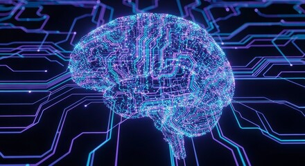 Digital Brain: a detailed, glowing digital representation of the brain, overlaid on a circuit board, highlighting the intersection of technology and human intellect.