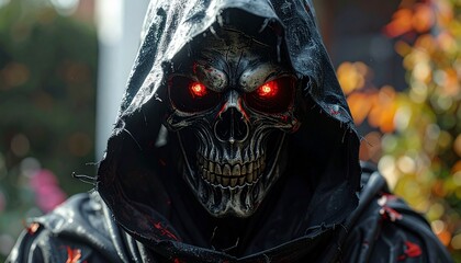 Creepy Metallic Skull Face with Glowing Red Eyes in Black Hood