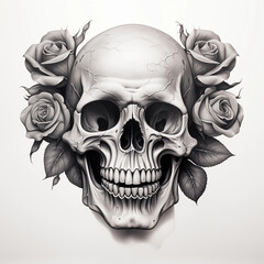 Detailed black and white pencil sketch of a human skull with cracked bone texture, framed by dark, beautifully blooming roses and foliage.
