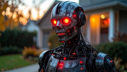 Cyborg Standing Near House at Dusk with Glowing Red Eyes and Internal Lights