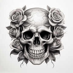 Detailed black and white pencil sketch of a human skull with cracked bone texture, framed by dark, beautifully blooming roses and foliage.