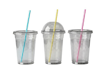 Three clear plastic cups with colorful straws isolated on transparent background