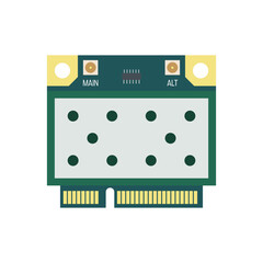 Color fill vector of a laptop wireless network card showing antenna connectors, circuitry, and gold contacts in a modern flat style.