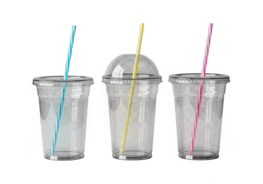 Three clear plastic cups with colorful straws isolated on transparent background