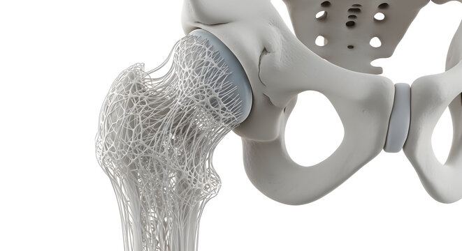 Detailed 3D Illustration of Human Hip Joint Anatomy with Cancellous Bone Structure on White Background