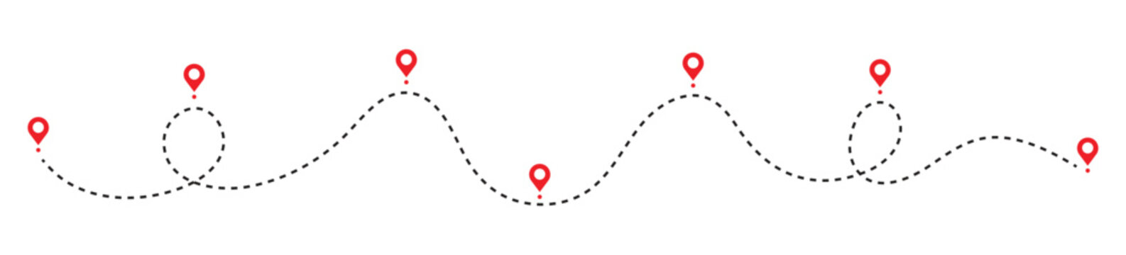 Dot line path route travel vector with location map pin icon. Route location icon 7 pin sign and dotted line.