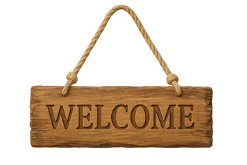 Welcome sign hanging on rope, warm greeting message carved in rustic wooden plank, indicating hospitality and entrance