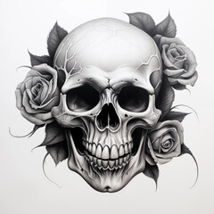 Detailed black and white pencil sketch of a human skull with cracked bone texture, framed by dark, beautifully blooming roses and foliage.